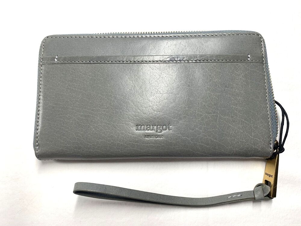 Margot NY Gabby Gray Leather Zip Around Wallet Wristlet Clutch Organizer NWT